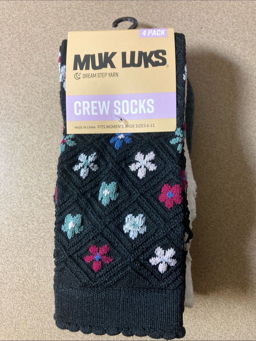 Muk Luks Black Crew Socks with Multicolor Floral Pattern - 4 Pack